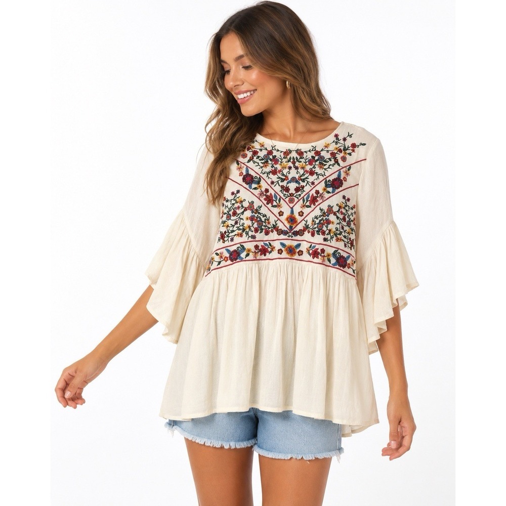 Umgee Embroidered Boho Sz M Babydoll Tunic Top Cream Floral Missing Button